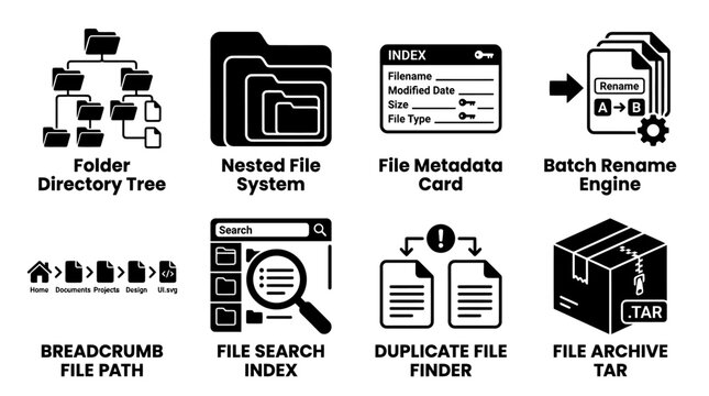 Folder directory tree and file system management icons set including metadata rename search archive with directory metadata breadcrumb duplicate document management computer technology