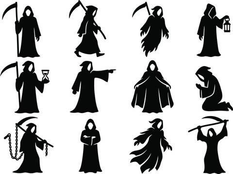 Set of grim reaper silhouettes for halloween design elements featuring various poses and scythe weapons collection