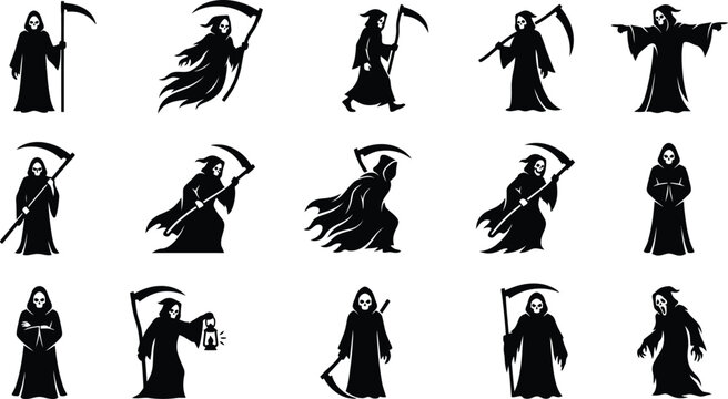 Collection of grim reaper silhouettes for halloween design elements featuring various spooky poses and scythe weapons