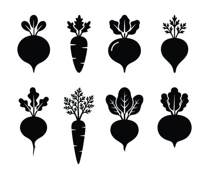 Collection of black vegetable silhouettes featuring beets and carrots