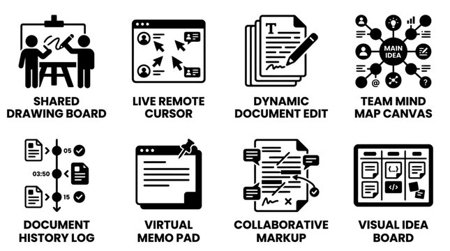 Set of project management and remote collaboration icons with drawing boards and history logs document collaborative software interface workspace teamwork business management workflow