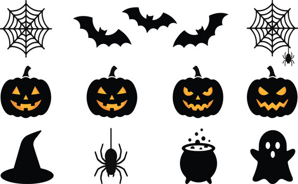 Halloween Icon Set Pumpkin Bat Ghost Spider Vector Silhouette