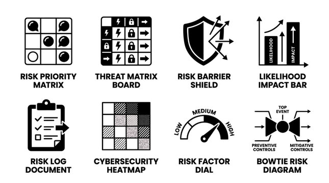 Black and white vector infographic icons for cybersecurity risk priority matrix threat matrix and logs with priority likelihood document cybersecurity security management assessment analysis