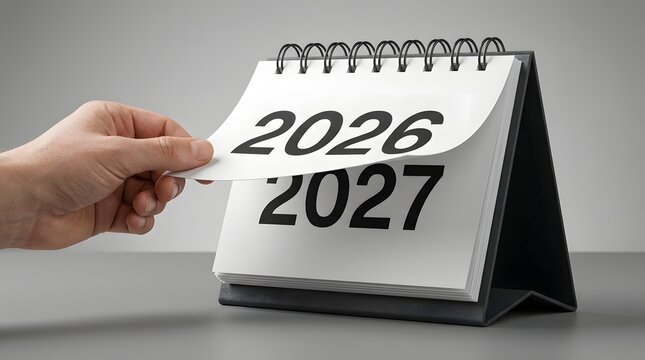 A hand turning the page of a desk calendar to change the year from 2026 to 2027 representing the passing of time and the beginning of a new year for planning and business goals