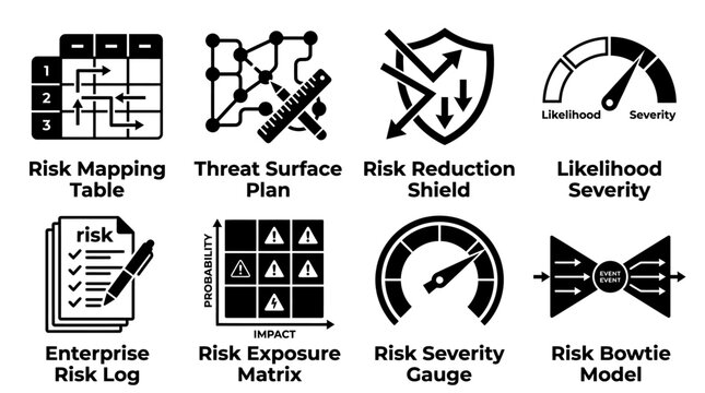 Set of black and white vector icons depicting risk mapping tables threat surface plans risk reduction shields likelihood severity gauges enterprise risk logs risk exposure matrices risk bowtie models