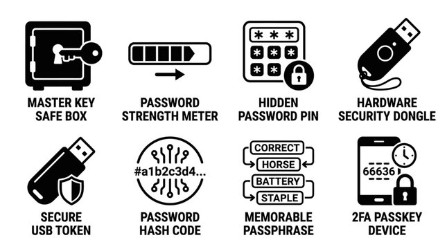 Group of secure authentication and cybersecurity icons showing a master key safe box password strength meter hidden pin hardware security dongle secure usb token hash code and passkey device