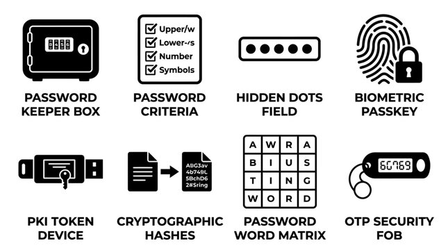 Set of digital security and credential protection icons featuring a password keeper box criteria hidden dots field biometric passkey pki token cryptographic hashes word matrix and otp fob