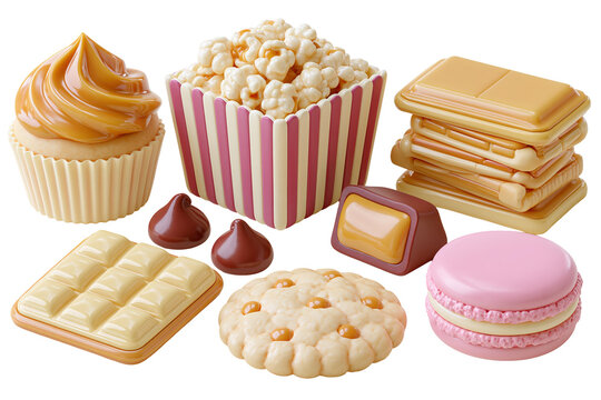 Appetizing caramel confectionery icon bunch with cupcake cookies macaroon and chocolate pieces isolated on transparent background for candy store design assets
