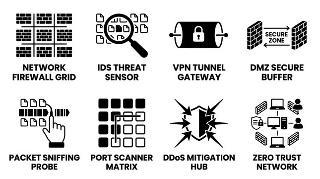 Set of network security and infrastructure protection icons depicting a firewall grid ids threat sensor vpn tunnel gateway dmz secure buffer packet sniffing probe port scanner matrix and ddos hub