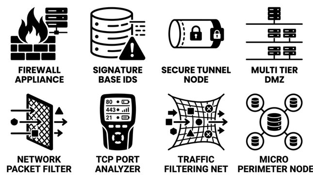 Set of network engineering and security architecture icons showing firewall appliance signature base ids secure tunnel node multi tier dmz network packet filter tcp port analyzer traffic filtering