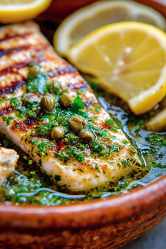 Close-up of a Mediterranean salsa verde, a parsley and caper-based sauce with olive oil and garlic, served in a rustic dish, surrounded by grilled fish and lemon slices
