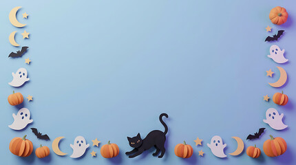 Naklejka premium Black cat stretching amidst Halloween decorations with pumpkins ghosts and moons on a soft blue