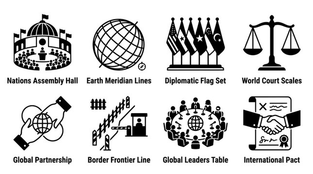 Set of eight black and white vector icons illustrating international assembly borders diplomatic pacts with assembly meridian diplomatic partnership frontier international politics diplomacy