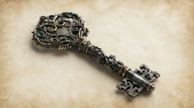Ornate vintage skeleton key decorated with metal vine and flower motifs on aged parchment paper background. Gothic romance style element for wedding invitation and mystery concept.