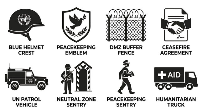 International peacekeeping symbol set including blue helmet crest peacekeeping emblem dmz buffer fence ceasefire agreement document patrol vehicle neutral zone sentry humanitarian aid truck