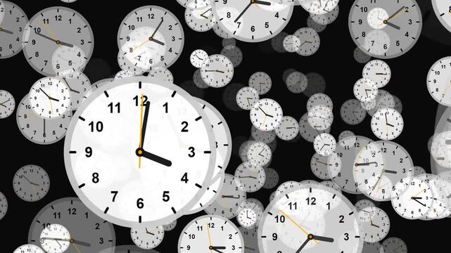 Analog Clock Faces with Rotating Hands Floating and Overlapping on Black Background for Time Transition