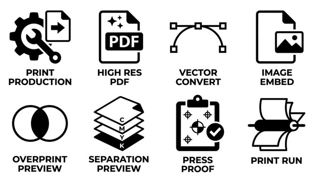 Set of print production and workflow icons featuring high res pdf vector convert image embed overprint preview separation preview press proof production separation workflow software computer