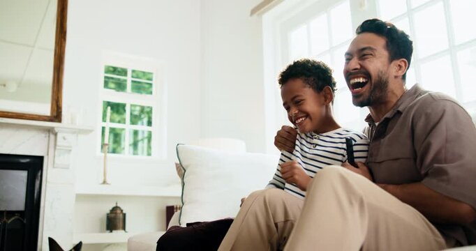 Man, child or watching tv with high five in home for celebration, winning or success together. Uncle, person or excited nephew with smile or fist pump on flare for victory or achievement in house