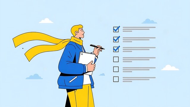 Man checking off task list with superhero cape flying