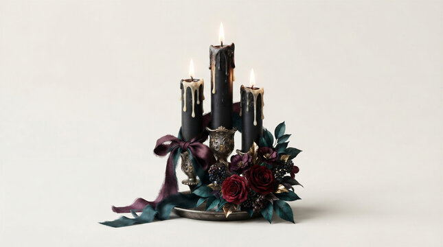 Black candle in vintage candlestick decorated with dark flowers and ribbon. Gothic romantic table centerpiece for wedding, luxury branding or Halloween interior decor styling.