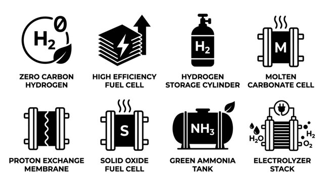 Clean hydrogen and fuel cell technology vector icons including zero carbon hydrogen high efficiency fuel cell hydrogen storage cylinder electrolyzer stack with hydrogen efficiency cylinder exchange