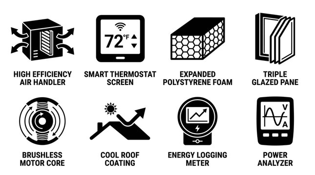 Collection of black and white outline icons depicting high efficiency air handlers smart thermostats foam insulation power analysis tools with efficiency thermostat expanded polystyrene brushless