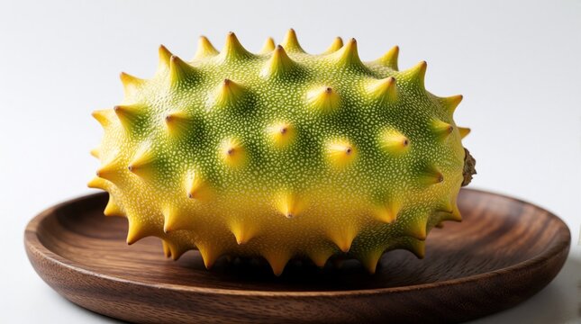 Exotic soursop fruit sits on dark wooden plate. Ripe green prickly fruit with yellow skin on rustic timber dish. Fresh tropical produce for healthy organic diet. Sweet nutritious melon concept for