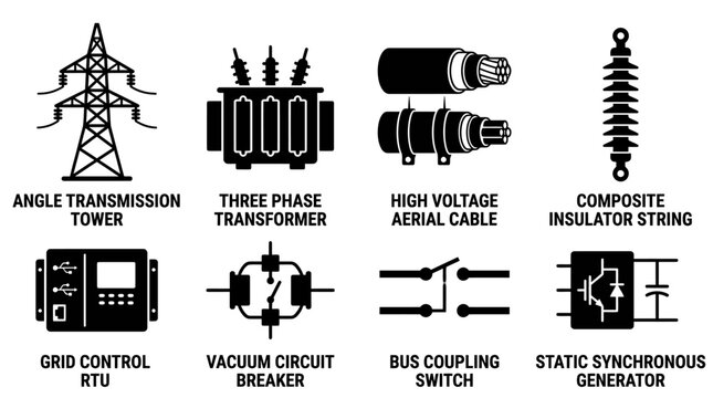 Collection of high voltage electricity transmission and substation equipment icons displaying angle transmission tower three phase transformer aerial cable and generator with transformer