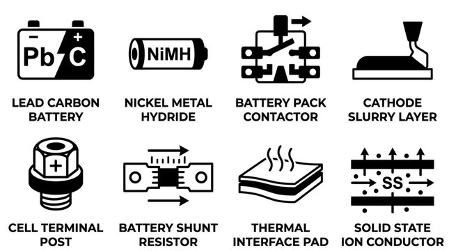 Set of black and white technical icons depicting battery components and energy storage systems with contactor terminal resistor interface conductor schematic electricity technology industry