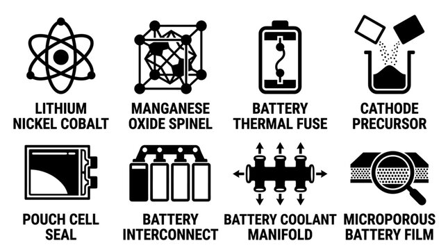 Technical icons depicting chemical compositions and internal structures of battery cells with manganese precursor interconnect manifold microporous schematic electricity technology industry