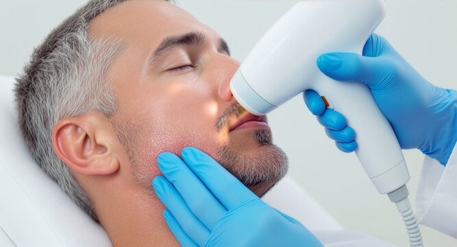 A middle-aged man undergoing a professional facial hair removal treatment with a modern laser technology device performed by a skincare specialist wearing protective blue gloves