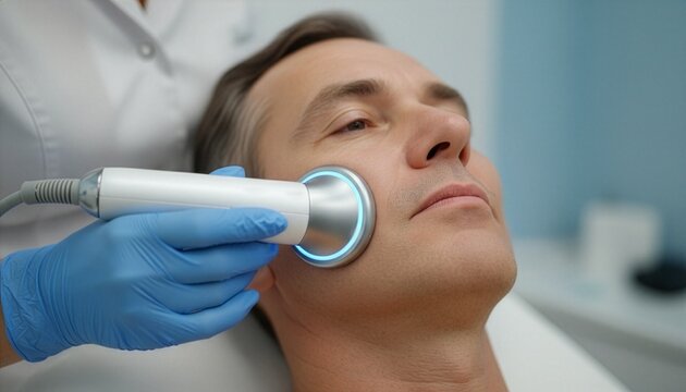 A middle-aged man receiving a professional facial rejuvenation treatment using an advanced laser or radiofrequency device handled by a specialist wearing blue gloves in a clinic