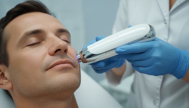 A relaxed middle-aged man undergoing a facial rejuvenation procedure with an advanced aesthetic device handled by a professional specialist wearing blue gloves in a clinic.