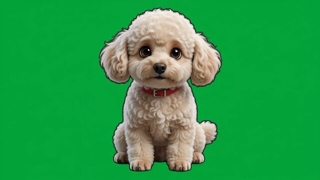 Adorable fluffy white puppy with big eyes and a red collar sitting on a green background, looking innocent and cute.