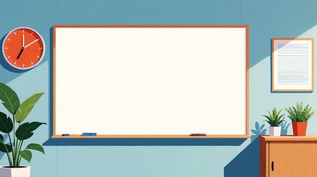 Empty white whiteboard on blue wall in modern office. Minimalist workspace with wall clock, green indoor plants, wooden cabinet. Clean interior design for business planning, creative brainstorming
