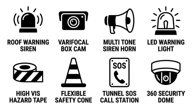 Vector set of security devices warning lights cones surveillance cameras with security surveillance varifocal flexible collection silhouette isolated protection monitoring emergency