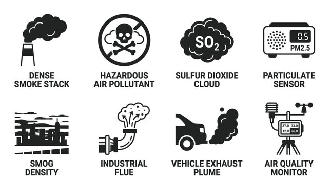 Set of environmental hazard and air quality monitoring icons showcasing dense smoke stacks and sulfur dioxide clouds with monitoring pollutant particulate industrial chemistry environment