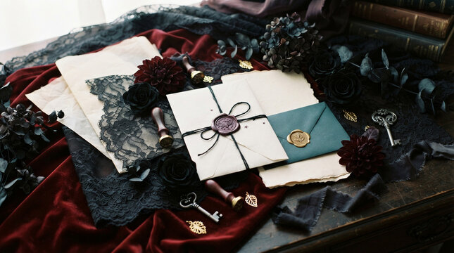 Wax sealed envelopes with lace and flowers on dark velvet background. Gothic wedding invitation flat lay. Vintage romantic stationery for halloween, mystery and luxury event.