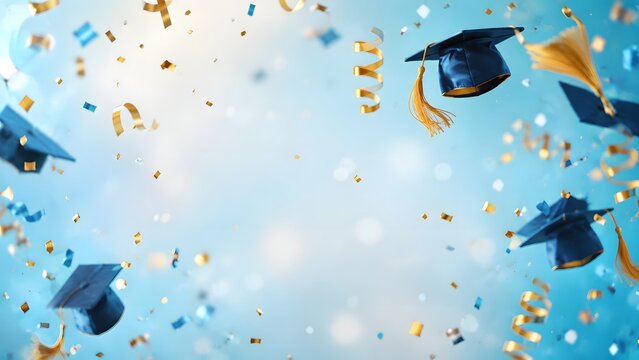 Many black graduation caps flying in the air with colorful confetti on a bright blue background for a school university degree celebration party event template design concept