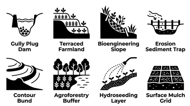 Watershed management and agricultural erosion control methods icons set with agriculture conservation watershed management protection bioengineering sediment hydroseeding environment