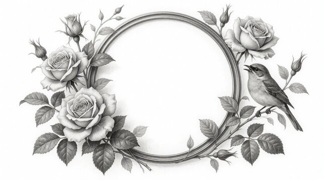 Elegant circular frame decorated with blooming roses, green leaves. Small bird sits on branch near ornate floral border. Monochrome botanical drawing with vintage style for wedding invitation,