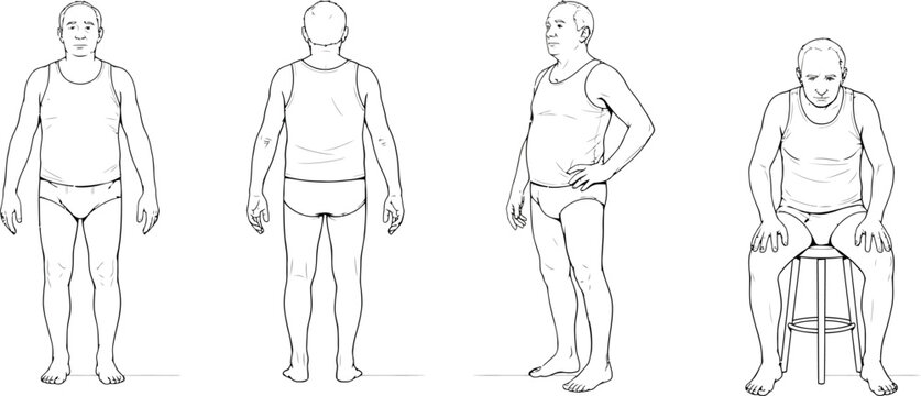 Anatomical male body outline set, human figure character sketches in underwear, medical diagram of adult man standing and sitting