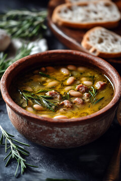 Hearty Mediterranean white bean soup with chunks of sausage, rosemary, and olive oil, served in a rustic earthenware bowl