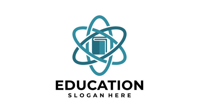 Abstract science education logo design with book and atom icon.