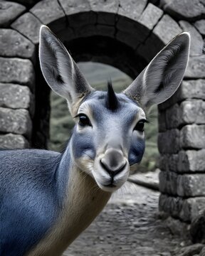 A  patagonian mara rabbit genetic hybrid fantasy animal, fictional species,  in a cursed stone gateway