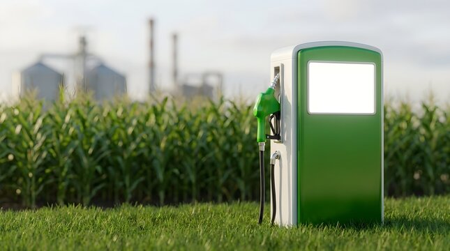 Biofuel pump dispenser in cornfield with industrial refinery background for renewable energy.