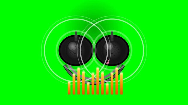 Animated 3D icon of a smiling musical face with speaker eyes and frequ