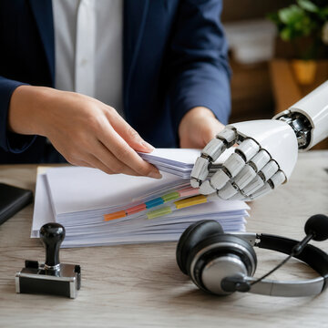 Human and robotic hands sort documents and colorful tabs beside headphones, highlighting workplace automation and collaboration in a modern office.