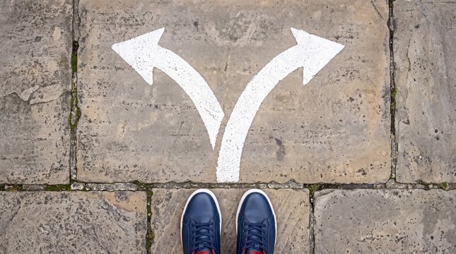 Person standing at a crossroad with split arrows painted on the ground, making a choice between two different directions in life