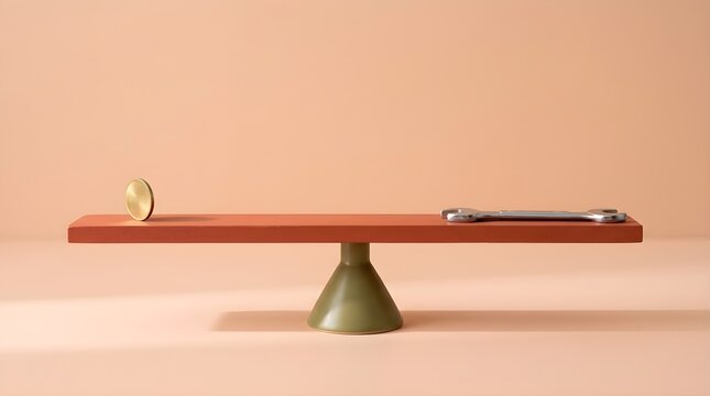 Conceptual balance scale with gold coin and metal wrench on red plank, financial work metaphor.